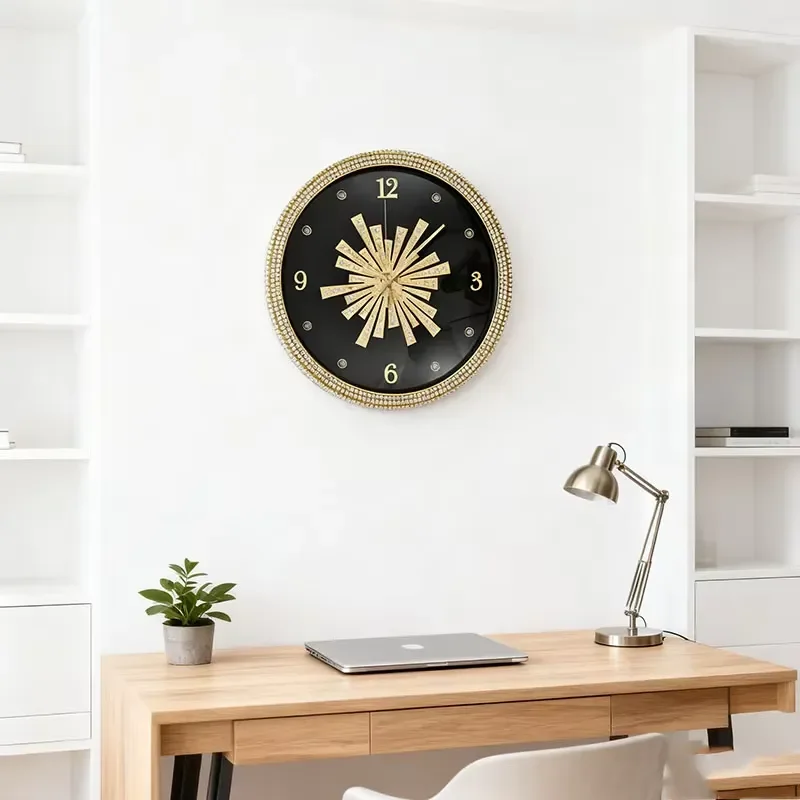 Modern Silent Round Wall Clock Gold Brass Frame Digital Display Home Living Room Decor Minimalist Design Quiet Operation