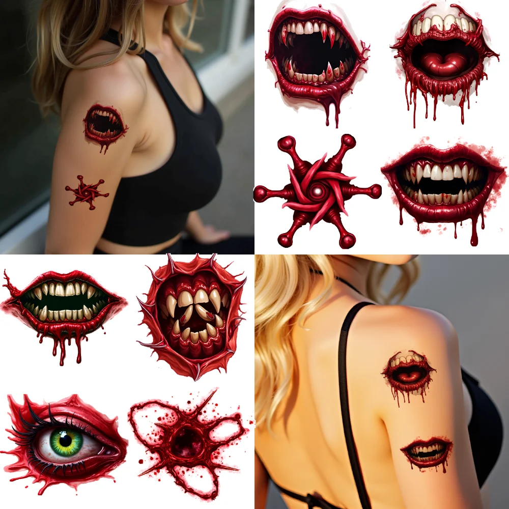 

9pcs Temporary Tattoo Teeth Halloween Monster Mouths Eye Temporary Tattoo Stickers Dripping Blood For Girls Shoulders Boys