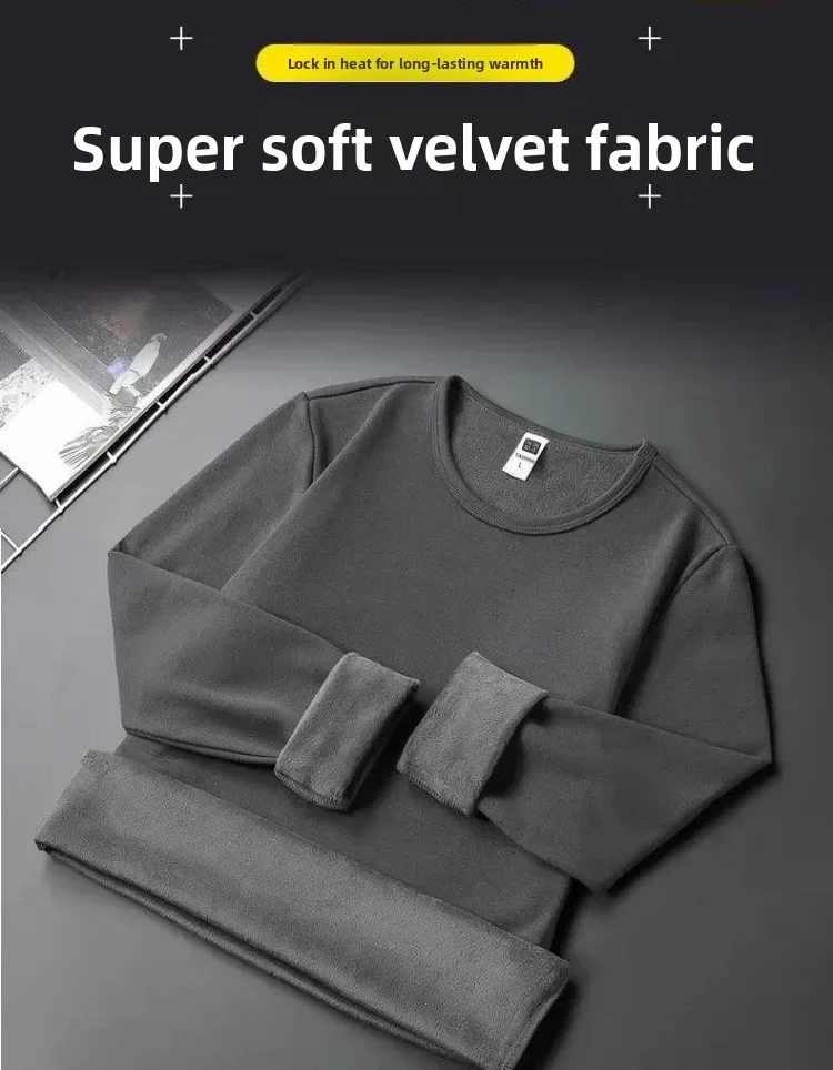 Winter-Herren-Langarm-T-Shirt, Fleece-gefüttert, verdickt, nicht entflammbar, samtig, warm, Rundhals-Unterhemd, lässig, atmungsaktiv. – Detail 2