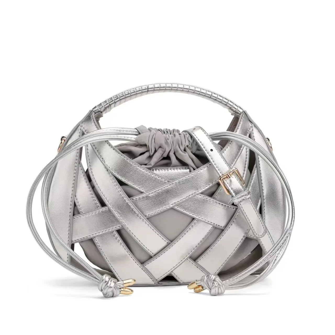 

Artisanal Woven Bucket Bag, Geometric Cut-Out Design Tote, Convertible Top Handle & Crossbody, Unique Statement Piece