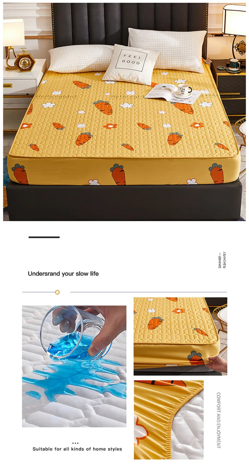 Cartoon Quilting Waterproof Fitted Sheet Cute Printed Padded Mattress Protector Skin-Friendly Non-Slip Mat with Elastic Band