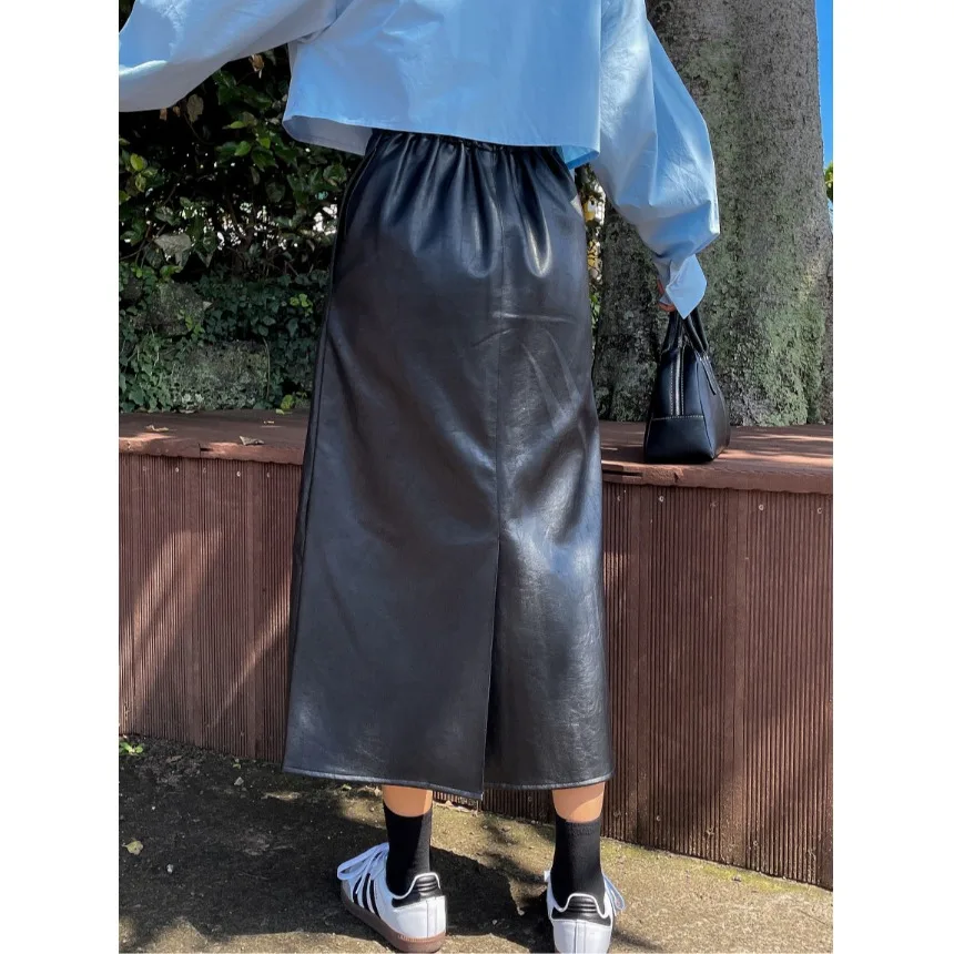 레트로 하이웨이스트 PU 가죽 스커트 여성용 미디 길이 비대칭 밑단 슬림핏 엘레 블라 스커트 모든 연령대용