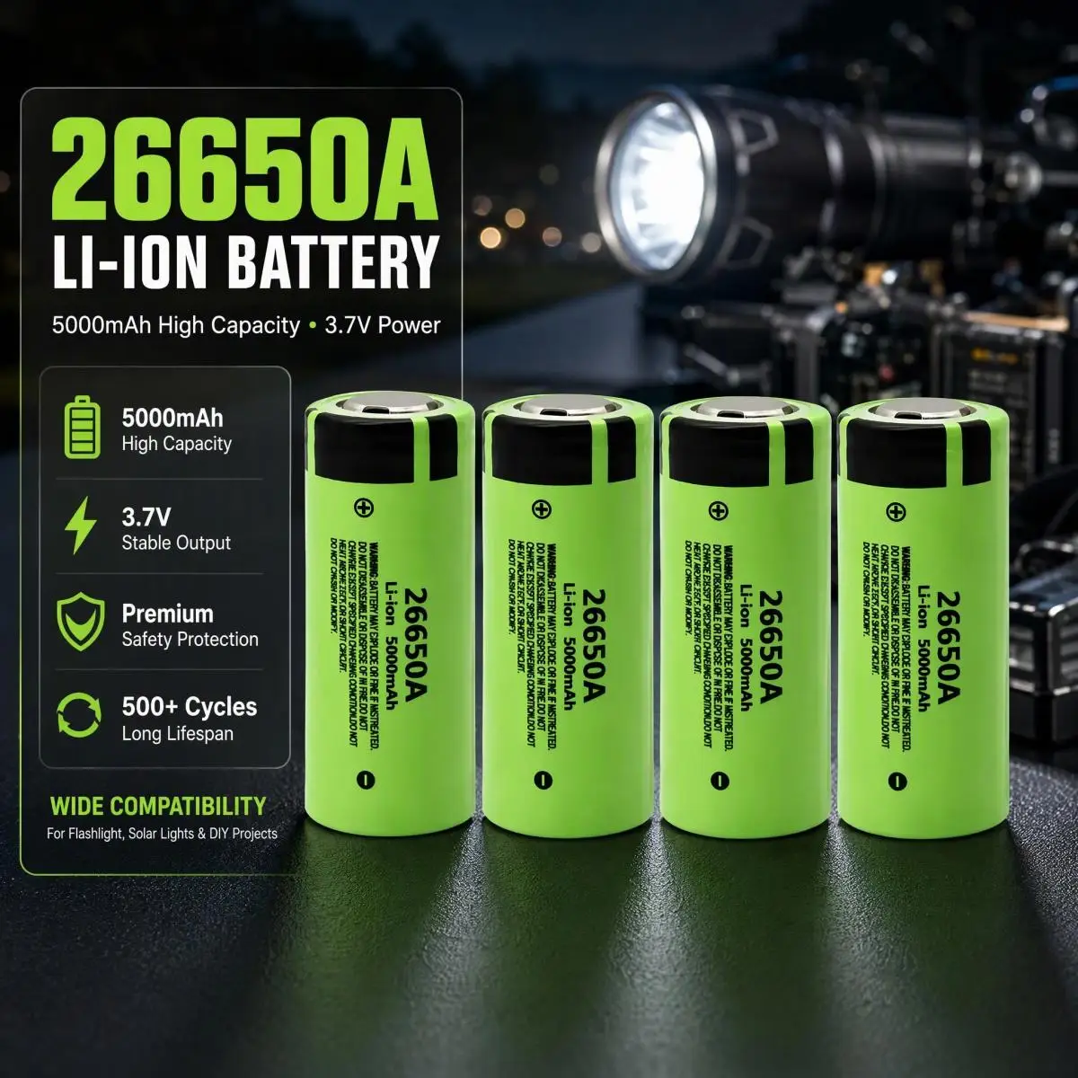 26650A 3.7V 5000mAh High Capacity Rechargeable Li-ion Cell for Flashlight Solar Lights Small Fan LED Lamps DIY Projects