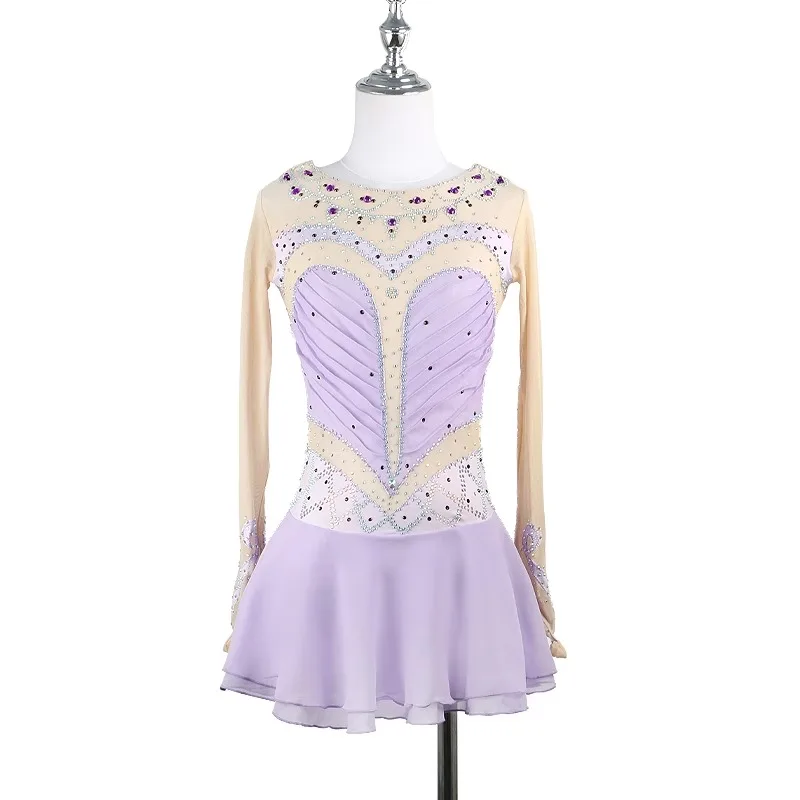 맞춤형 피겨 스케이팅 공연 의상 소녀 스케이트 스커트 성인 경쟁 등급 라이트 퍼플 화려한 다이아몬드