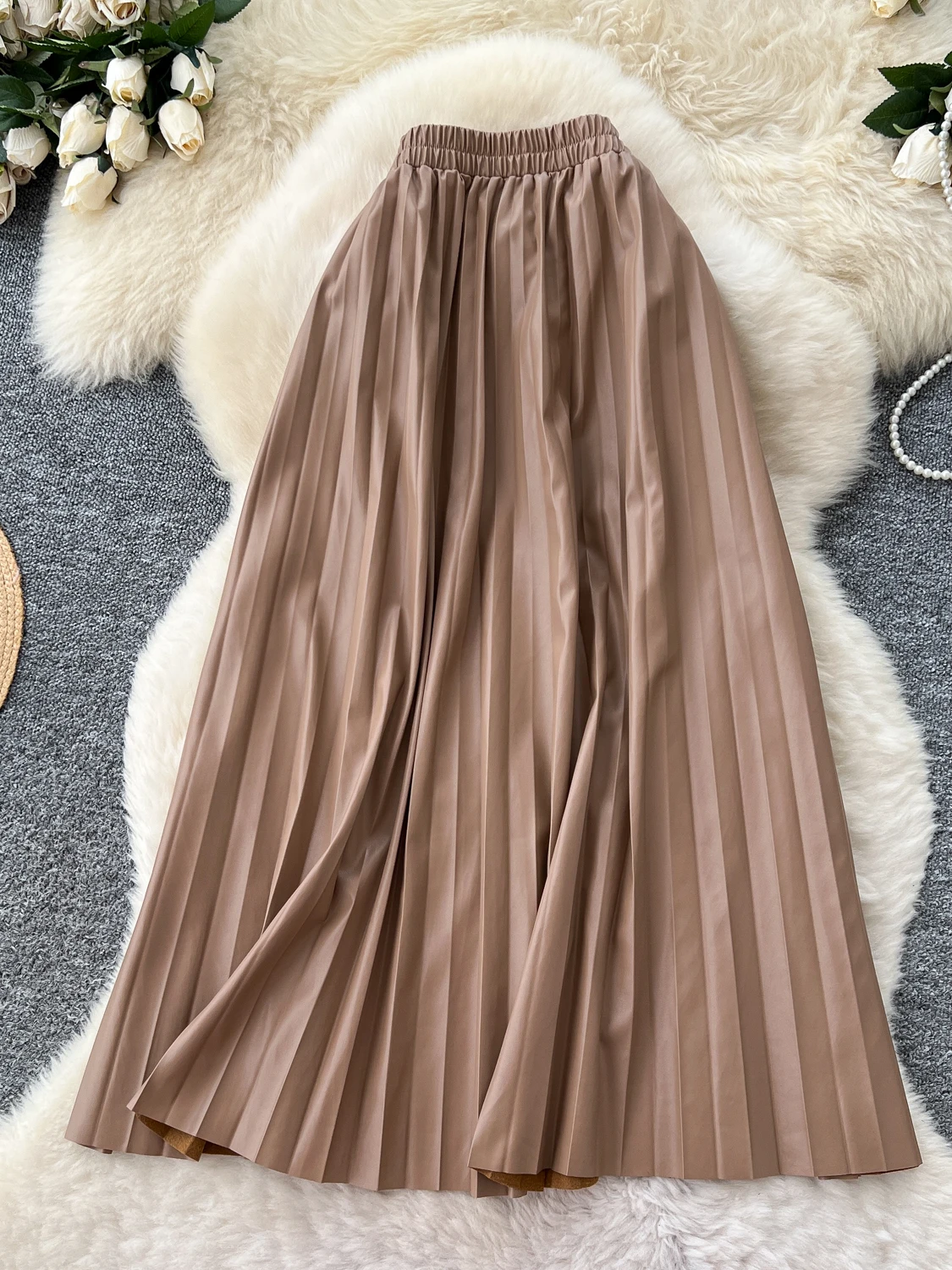 High Waist A-Line Midi Skirt Women's Leather Jaet Elastic Waist Slimming Pleated Skirts Korean Sle Ci Commute Polyester...
