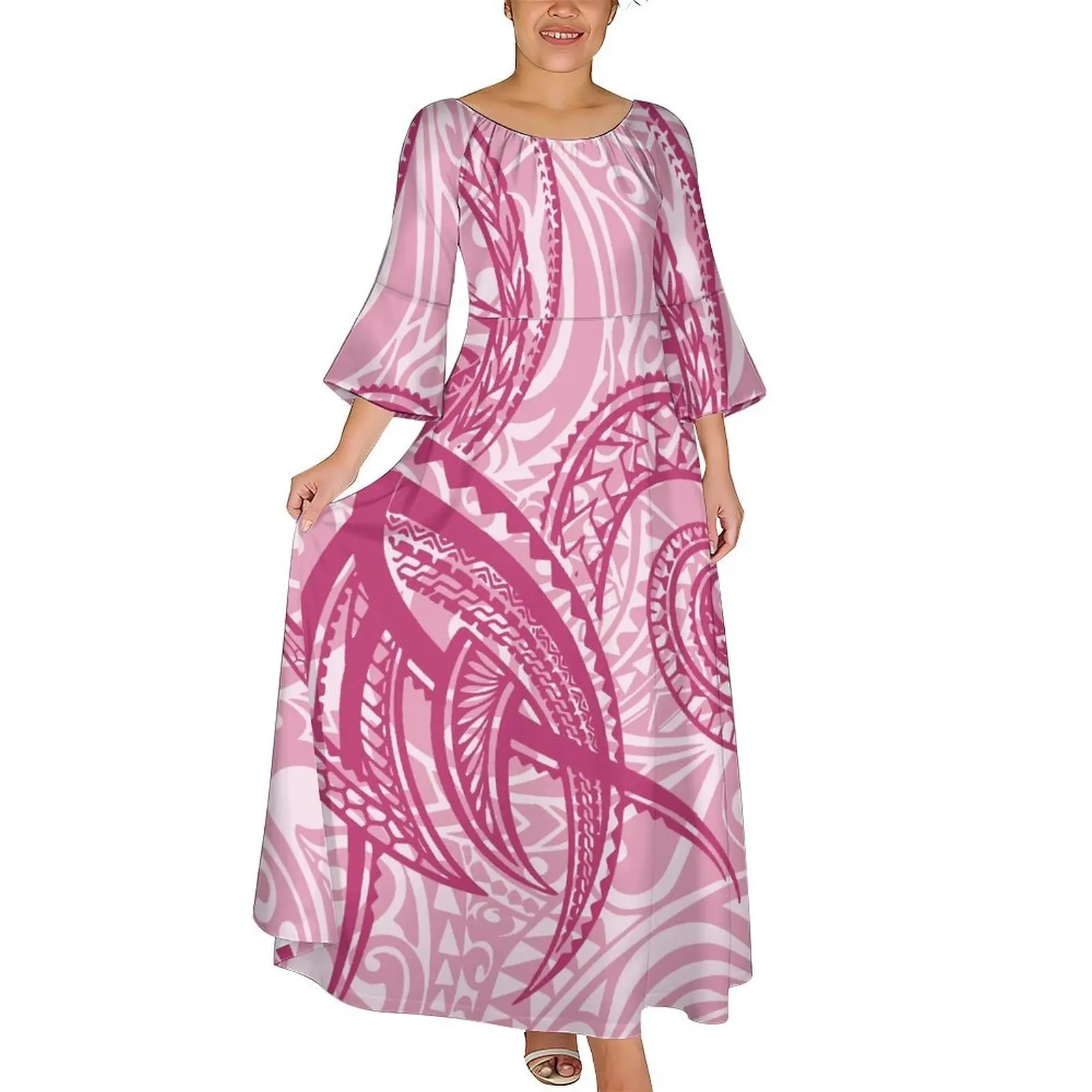 Robe d'été personnalisée pour femme, nouveau style - Robe ample artistique à col rond et manches évasées, style îles polynésiennes