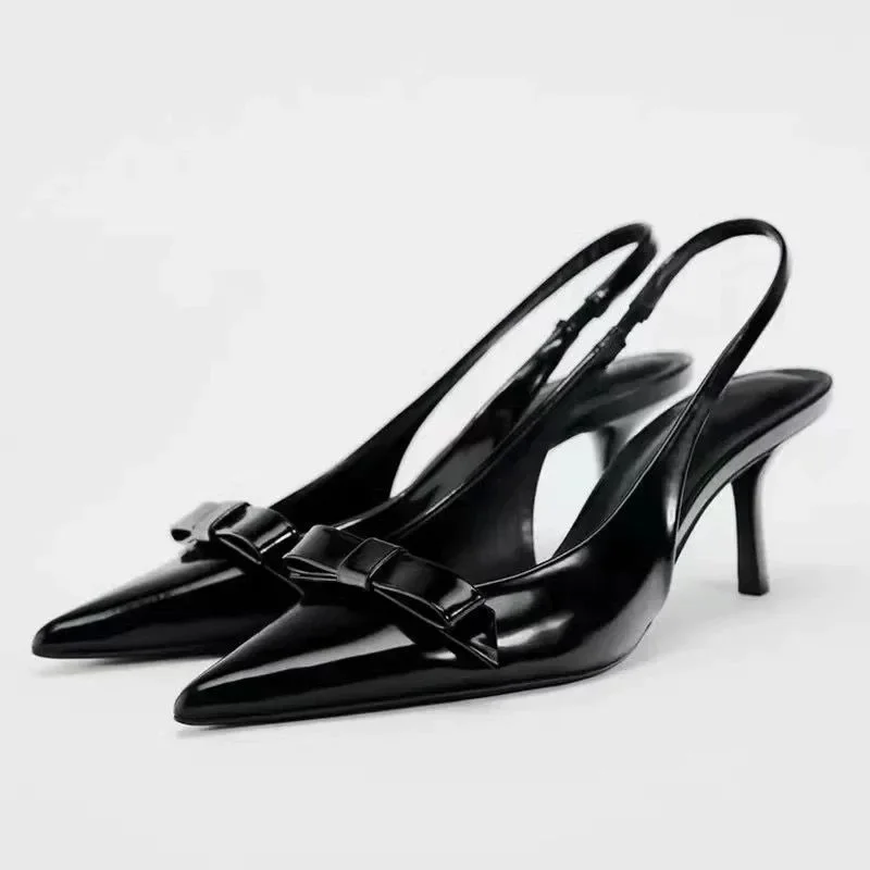 

New Modern Office Shoes for Women White Black Wedding Slingback Pointed Toe Butterfly Decoration Female High Heeled Sandals