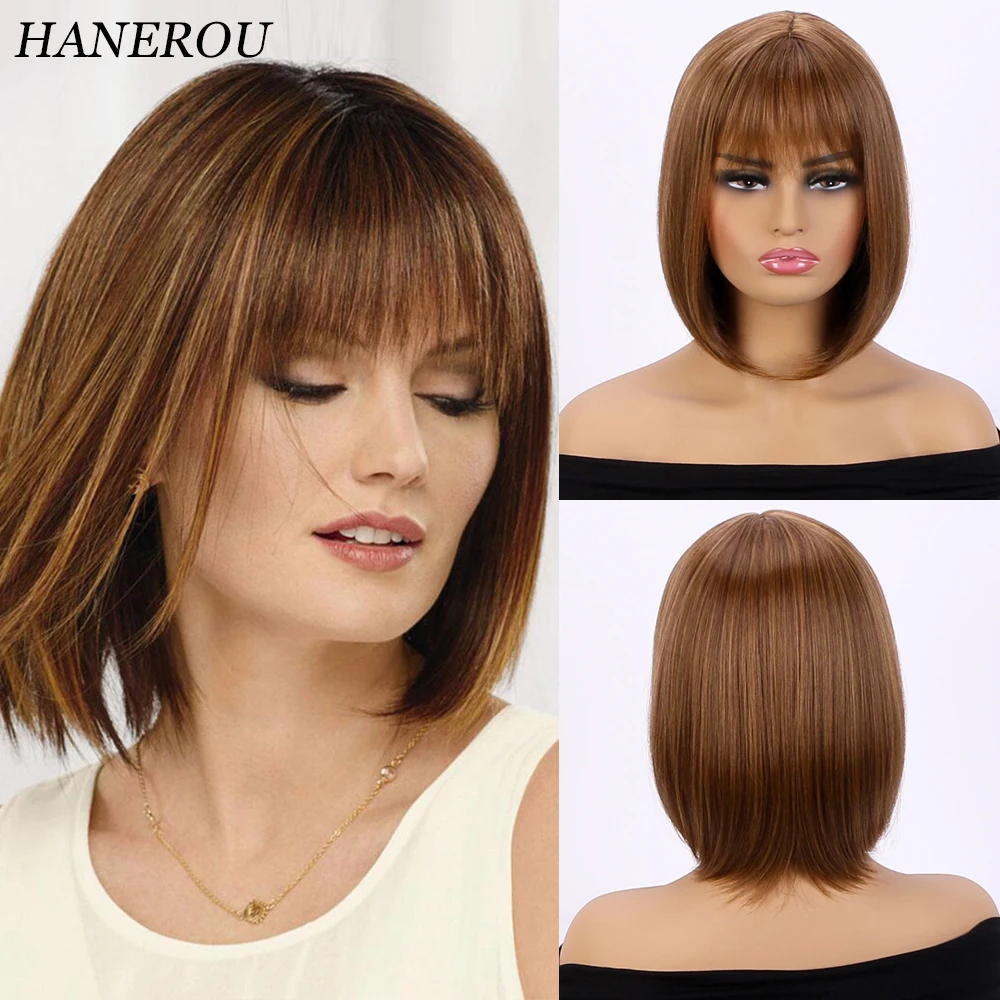 HANEROU Brown Short Bob Hairstyle Wigs Synthetic Women Natural Straight Hair Wig for Daily Daily Cosplay