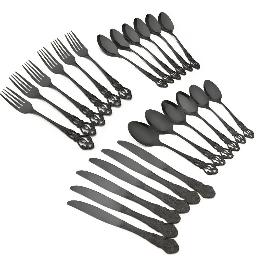 

24Pcs Western Flatware Set Fork Knife Spoon Cutlery Black Dinnerware Set Stainless Steel Tableware Wedding Gift Silverware Set