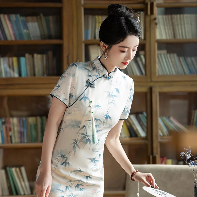 Yourqipao Summer Fresh Elegant Bamboo Leaves Cheongsam Long Double-layer Short-sleeved Qipao Chinese Evening Dress for Women