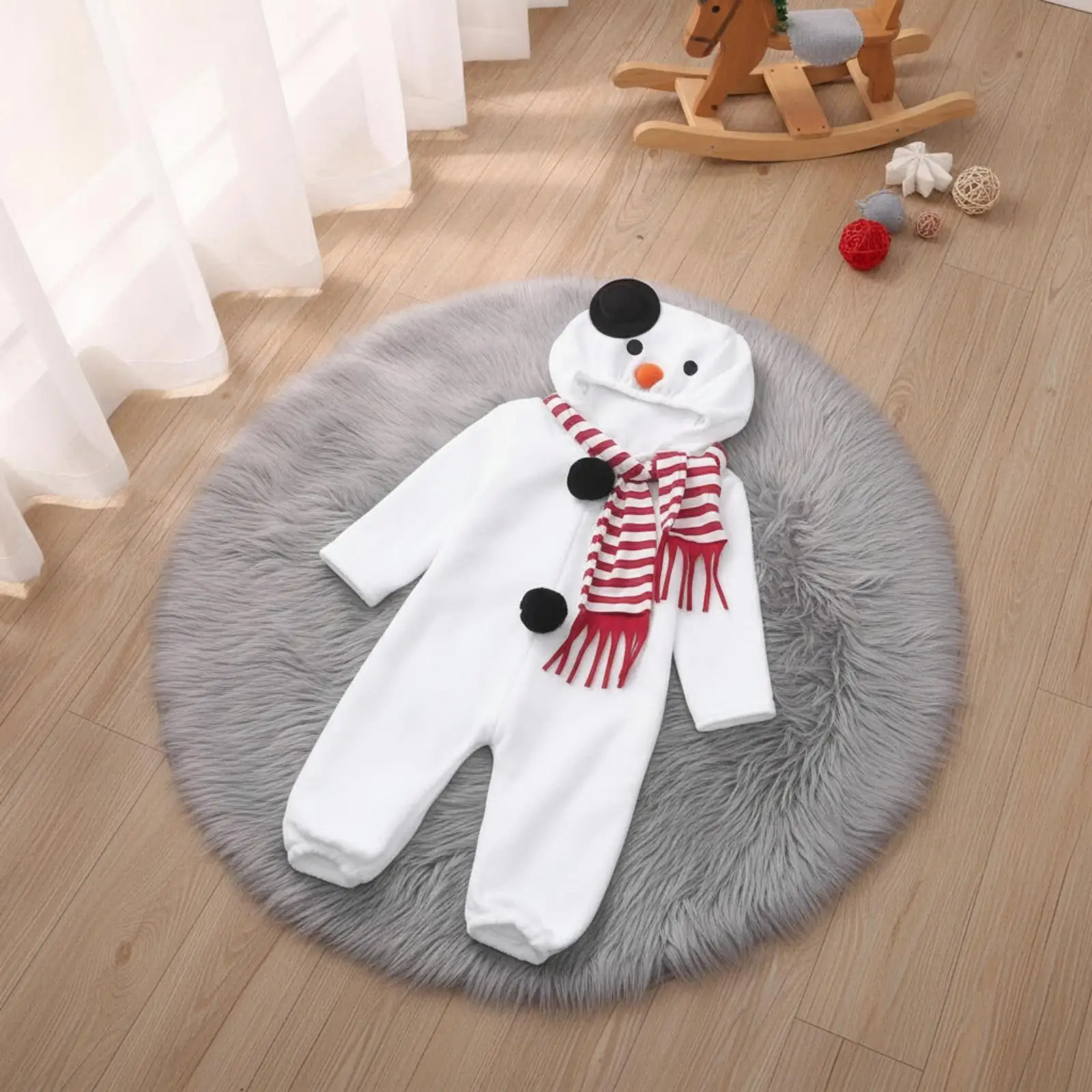 Infant Toddler Hooded Snowman Jumpsuit Soft Fleece Pajamas One Piece Cute Winter Suit with Red Scarf for Festive Season 6