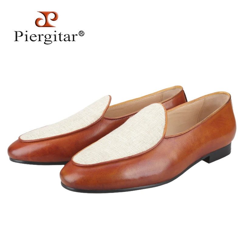 

Piergitar Old Money Aesthetic Hand-Polished Brown Calfskin Patchwork Beige Cotton Men's Loafers Summer Style Slip-on Slippers