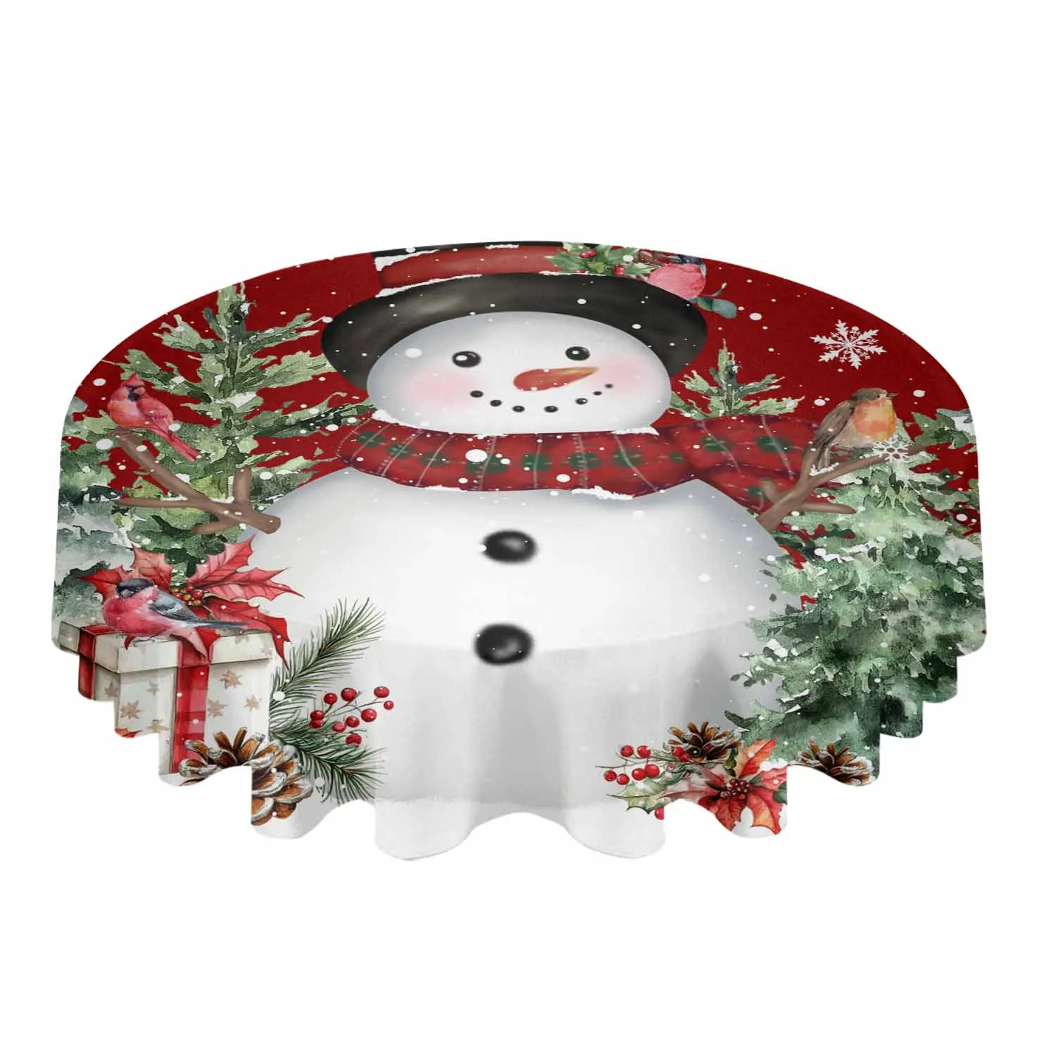 Christmas Tree Snowflakes Robin Snowman Red Round Tablecloth Waterproof Table Cover Home Kitchen Decoration Dining Table Cloth