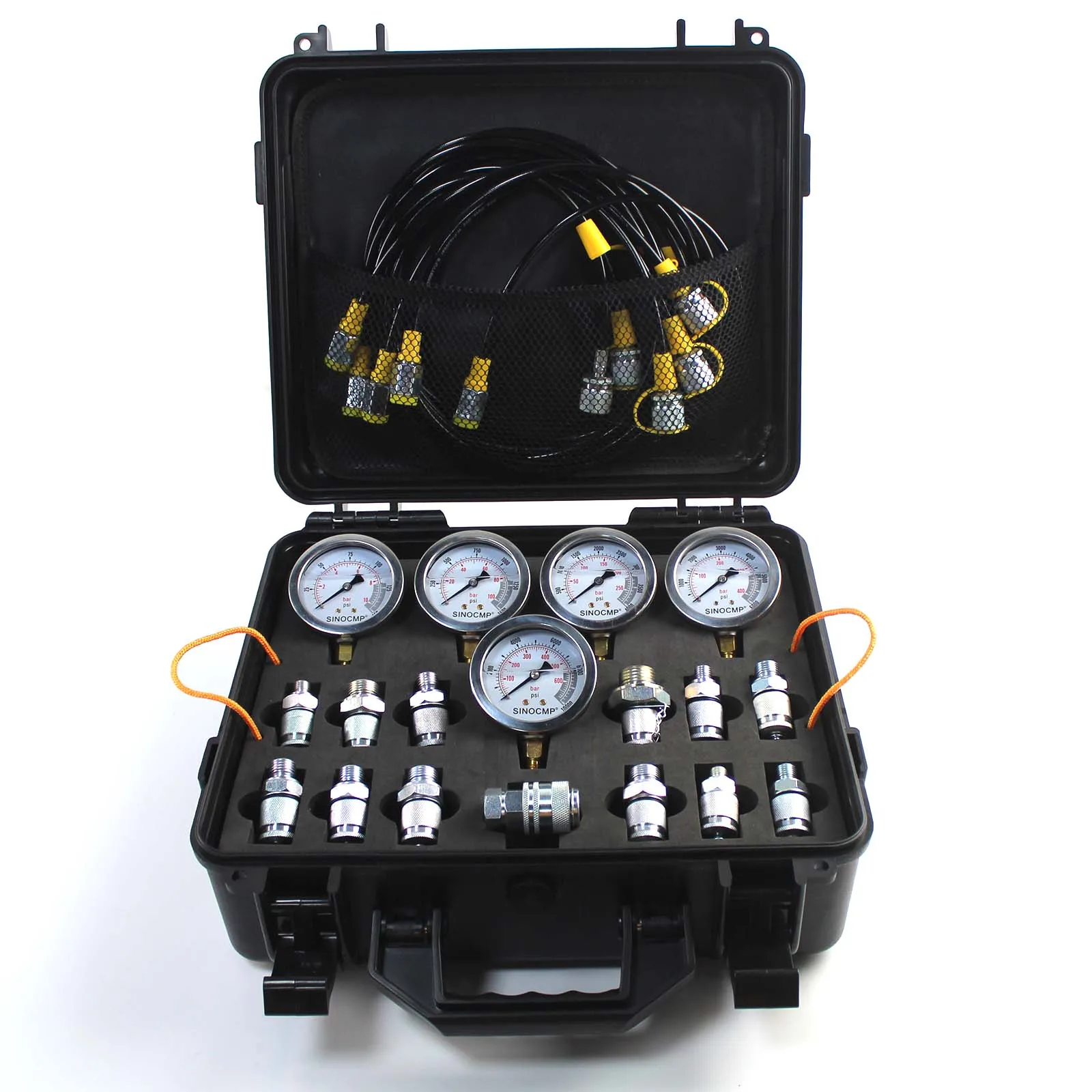 Hydraulic Pressure Test Kit for CAT, CASE John Deere with 5 Gauges 13 Couplings 14 Tee Connectors Pressure Gauge Excavator Parts