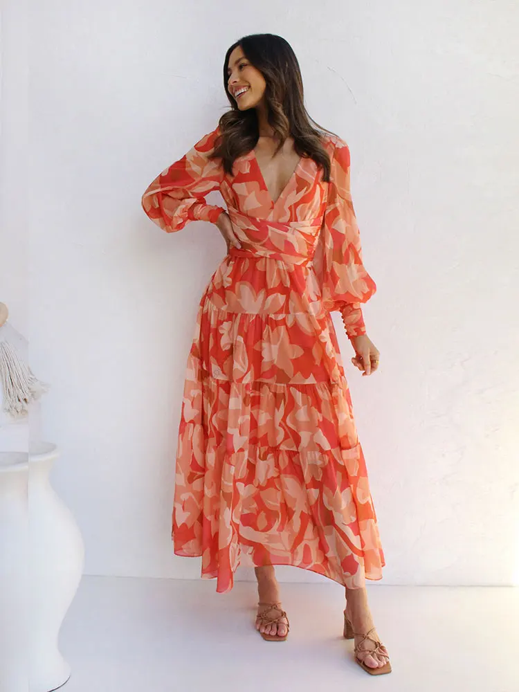 

Bohemian Printe Sexy V-neck Lantern sleeve Dress Tunic 2023 Autumn Winter Clothes Women Beach Casual Maxi Dresses Vestidos A2142