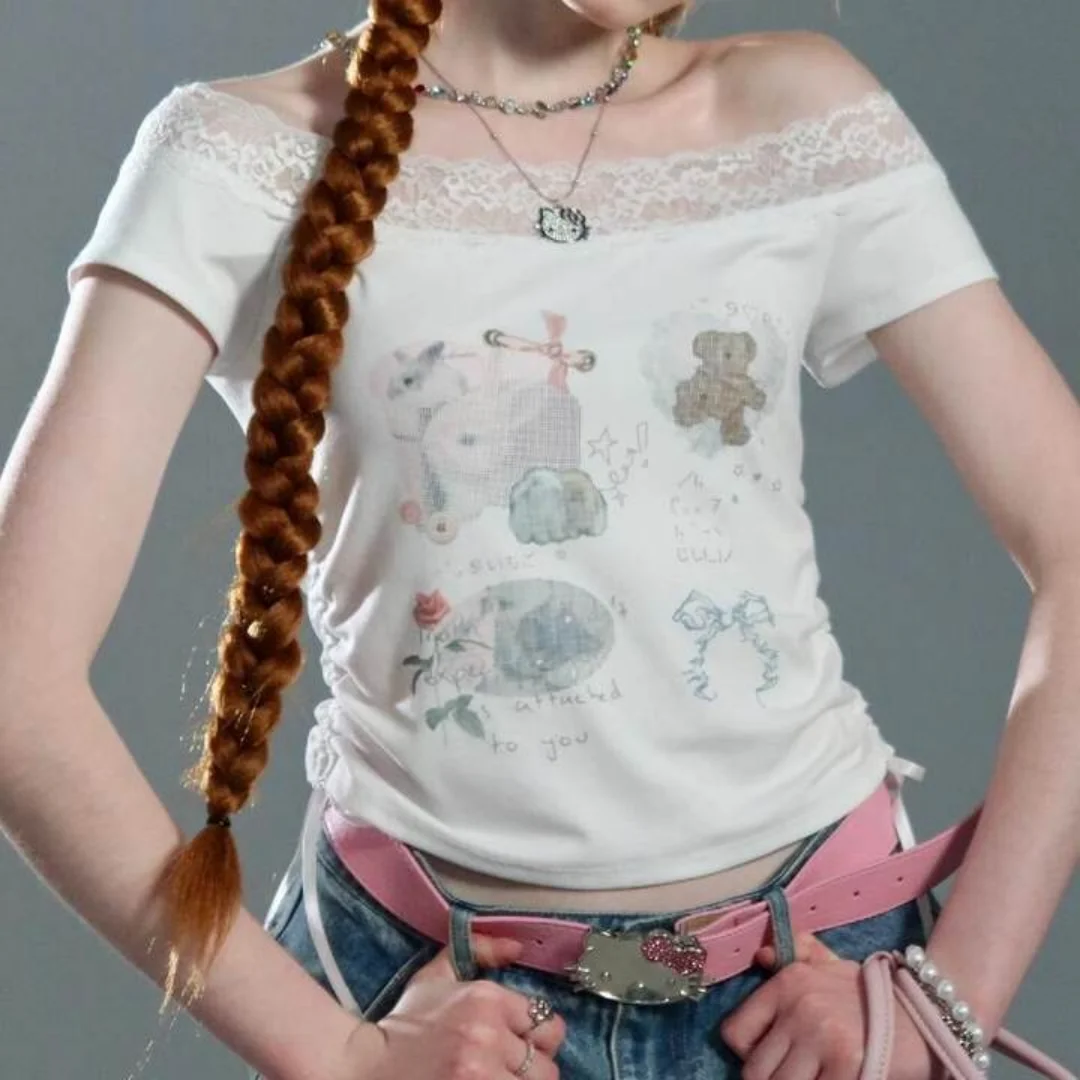 夏服女性の白落書きプリント Tシャツ原宿 Y2k Tシャツレトロ 90 年代美的半袖 Tシャツ 2000 年代