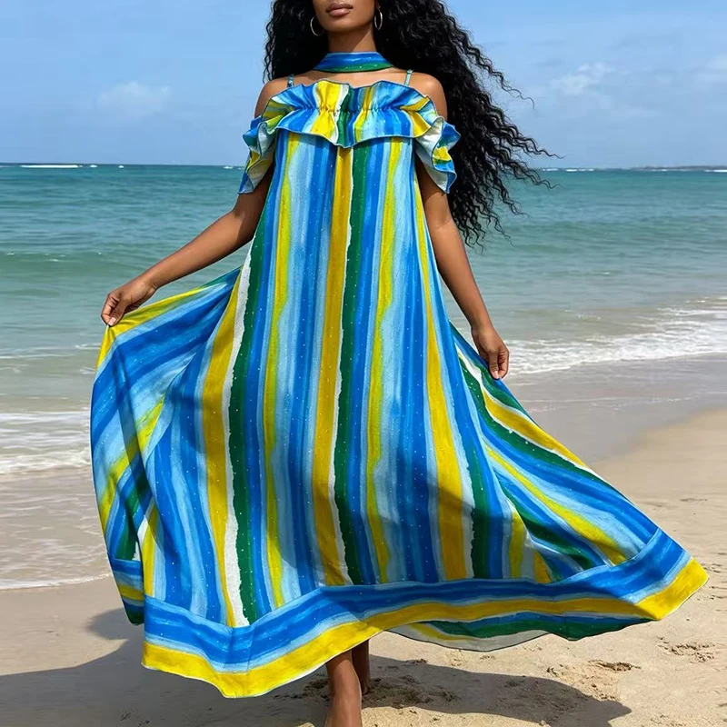 Casual Striped Off Shoulder Commute Dress Fashion Contrasting Color Sleeveless Loose Dress Elegant Strapless Backless Long Dress
