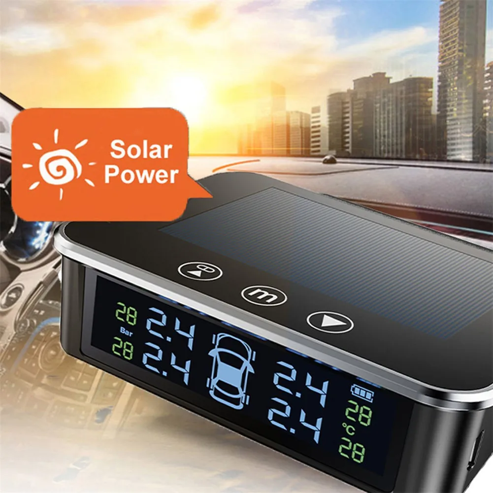 Solar Wireless Tire Pressure Monitoring System Alarm Fuel Save With 4 External Sensors Solar TPMS Car Tyre Pressure Monitor