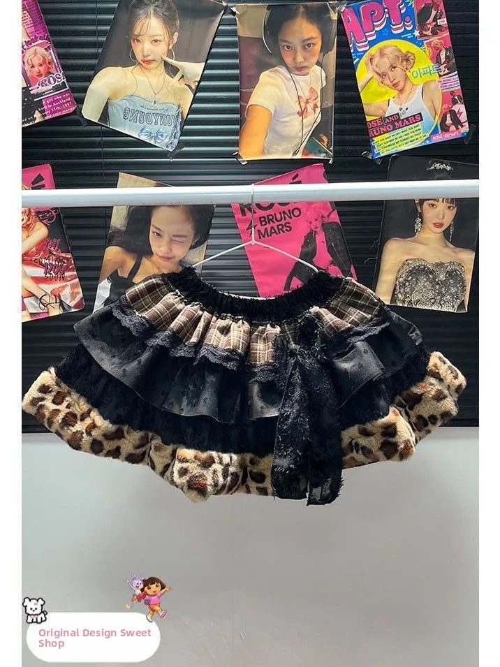 

Блэк-коричневый леопардовый принт ручной работы с кружевной кисточкой в стиле пэчворк Plu Y2K Spicy Girl Fluffy f Юбка Торт Dr Оригинальный дизайн