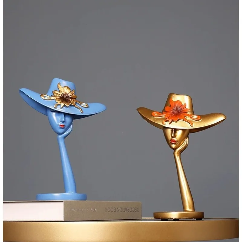 Modern Abstract Lady Face Resin Ornament, Woman with Wide Brim Hat & Sunglasses Sculpture,Living Room Foyer Desktop Decor Crafts