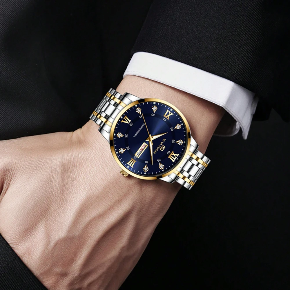 Luxury Mens Stainless Steel Hand Blue Gold Water Diamond Night Glow Weekly Calendar Movement  Free Shipping Fashion Quartz Watch