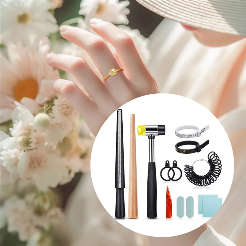 A26F-Ring Size Measuring Tool Belt 11 Piece Ring Mandrel Set, Ring Mandrel Jewelry Hammer Ring Sizing