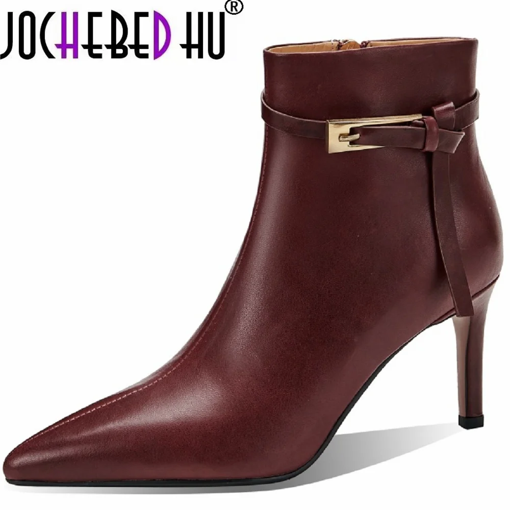 

【JOCHEBED HU】Classic Pointed Toe Genuine Leather High-heeled Modern Ankle Boots Women Stilettos Female Dress Party Shoes 34-40