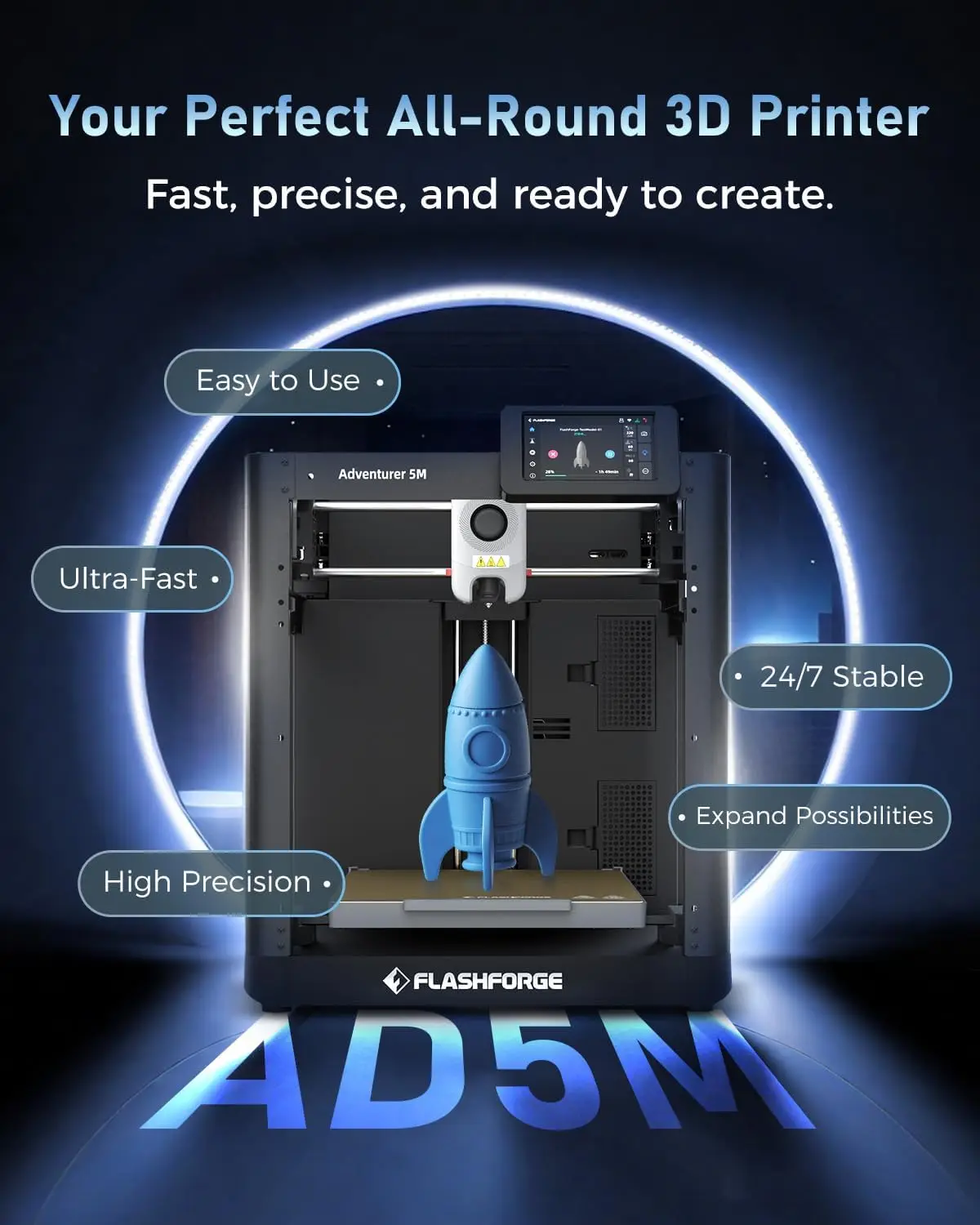 3D Printer AD5M, CoreXY 600mm/s High-Speed Printer with 1-Click Auto Leveling, High-Temp Direct Drive Extruder, 3s Quick-Swap No