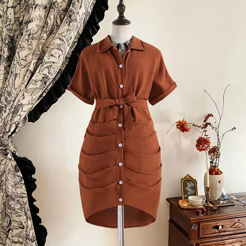 Girls' skirt, spring and summer new style, casual lapel, single breasted, lace up, waist cinching, short sleeved shirt skirt