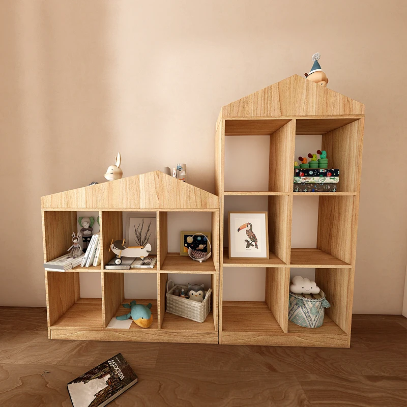 Solid wood children's bookshelf toy shelf floor-to-ceiling books picture book storage shelf free combination lattice bookcase