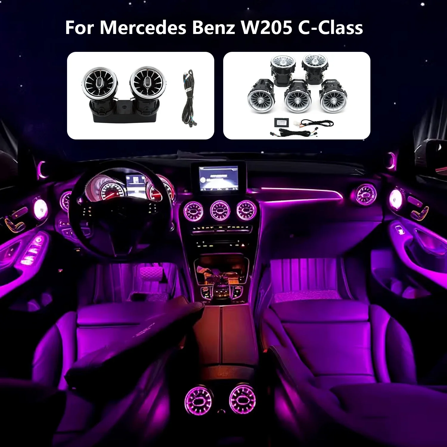 لبنز A/C/E/S/V/CLA/GLA/GLC W176 W205 W213 W117 W156 X253 بلوتوث APP فوهة LED المحيطة ضوء تنفيس الهواء التوربينات 3/64/12 APP