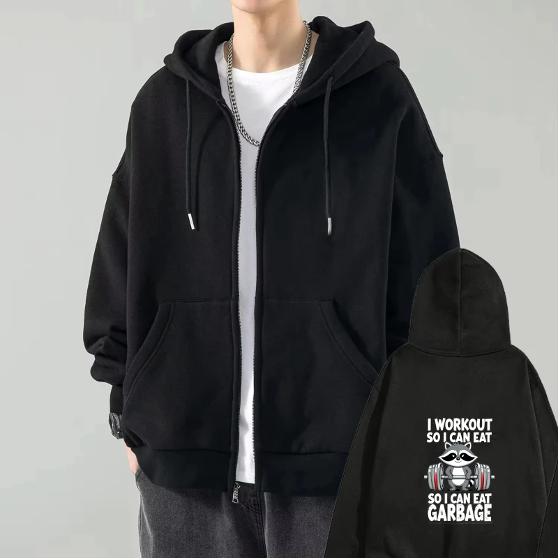 

Men's Hooded Jacket Black I Workout So I Can Eat Garbage Printed Gym Fitness Sweatshirt Casual Streetwear for Men