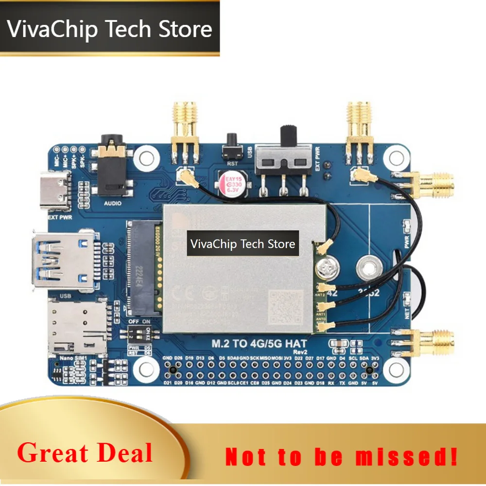 VivaChip TechSIM82XX-M2 5G HAT For Raspberry Pi Quad Antennas 5G NSA Multi-Band 5G/4G/3G Compatible With Case(Optional)