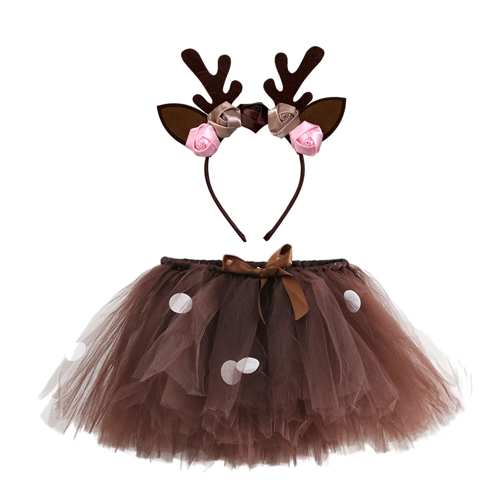 Girls Headband Christmas Deer Tutu Skirts Outfit Kids Tulle Pettiskirts Children Birthday Halloween Elk Reindeer Puffed Skirt