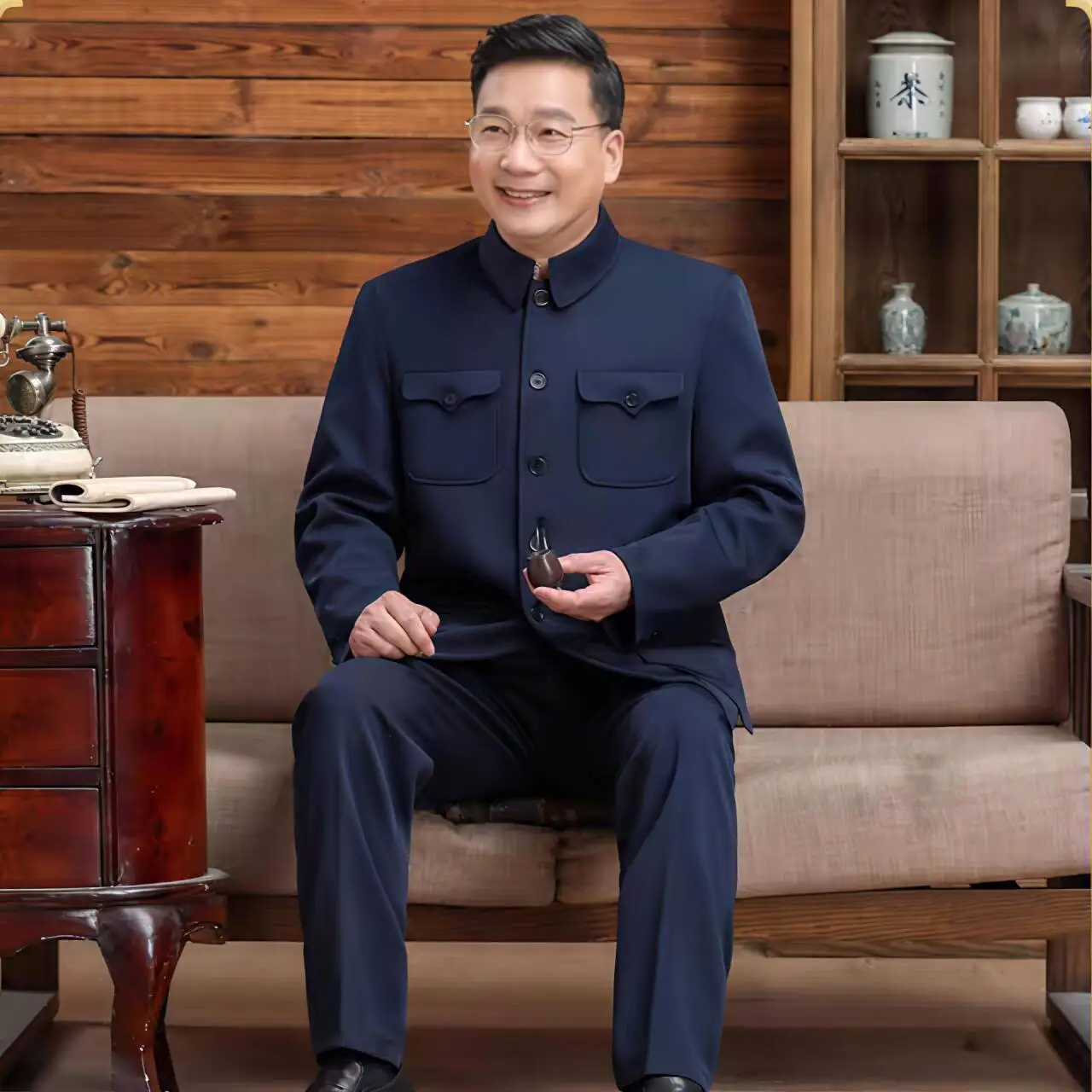 Men Sun Yat-sen Suit Zhongshan Uniform Dark Blue Mao Suit Set Hidden Pockets Design Outfits Contemporary Tunic Twinset Attire
