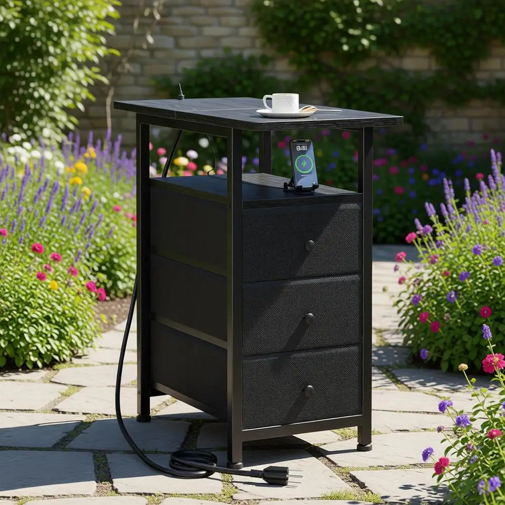 

Black Slim Nightstand with Charging Station for Living Room and Bedroom, USB Ports and Outlets, Ideal for Small Spaces