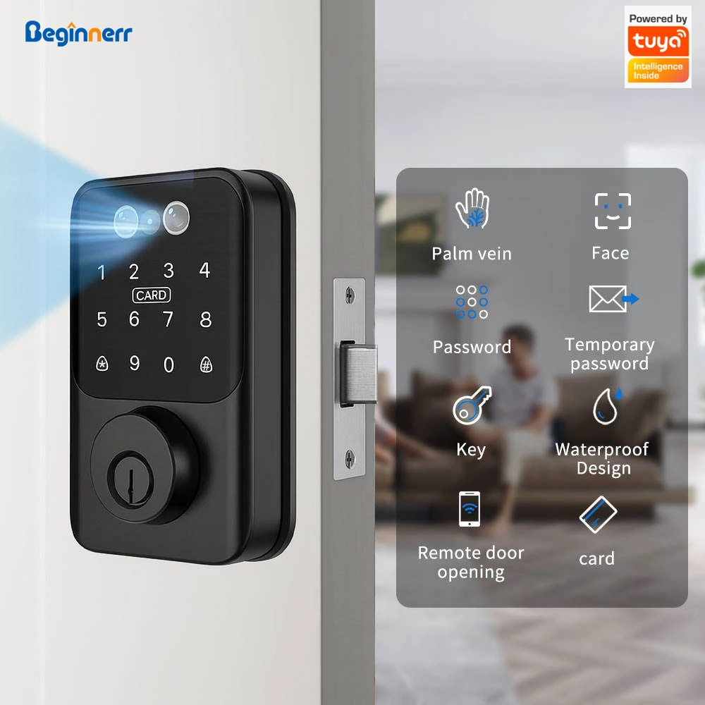 Tuya WiFi Face Recognition Automatic Deadbolt Smart Lock for Wood Door Keyless Palm vein for Office Apartment
