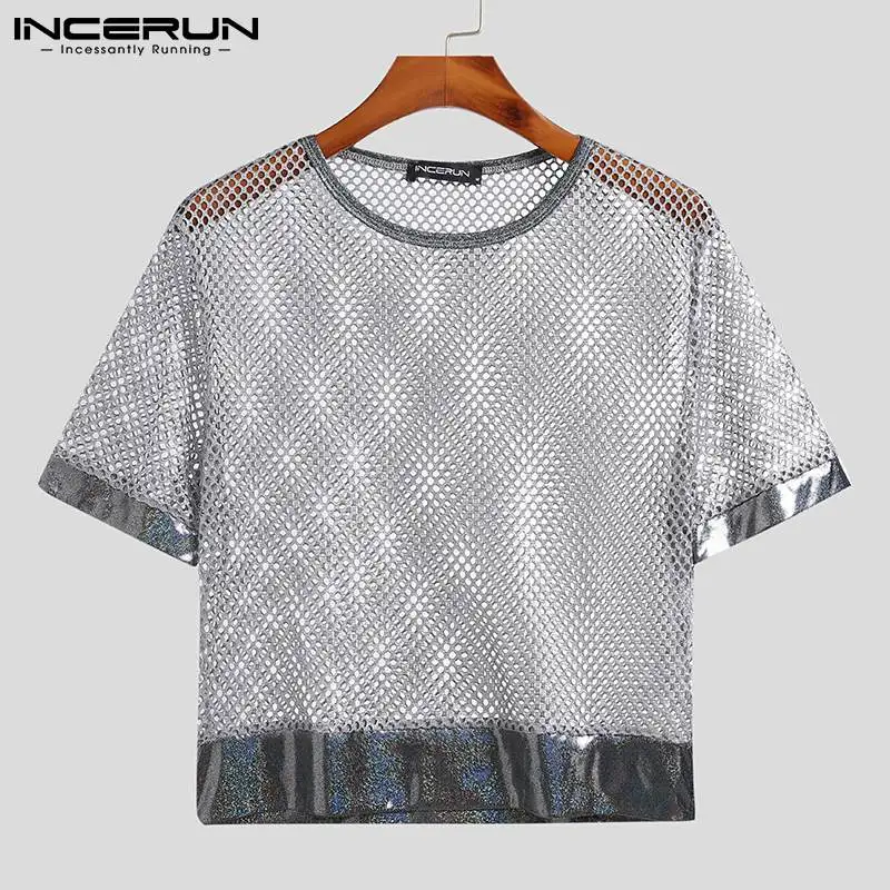 INCERUN Men T Shirt Mesh Patchwork See Through O-neck Short Sleeve Sexy Crop Tops Streetwear Party Nightclub Casual Camisetas