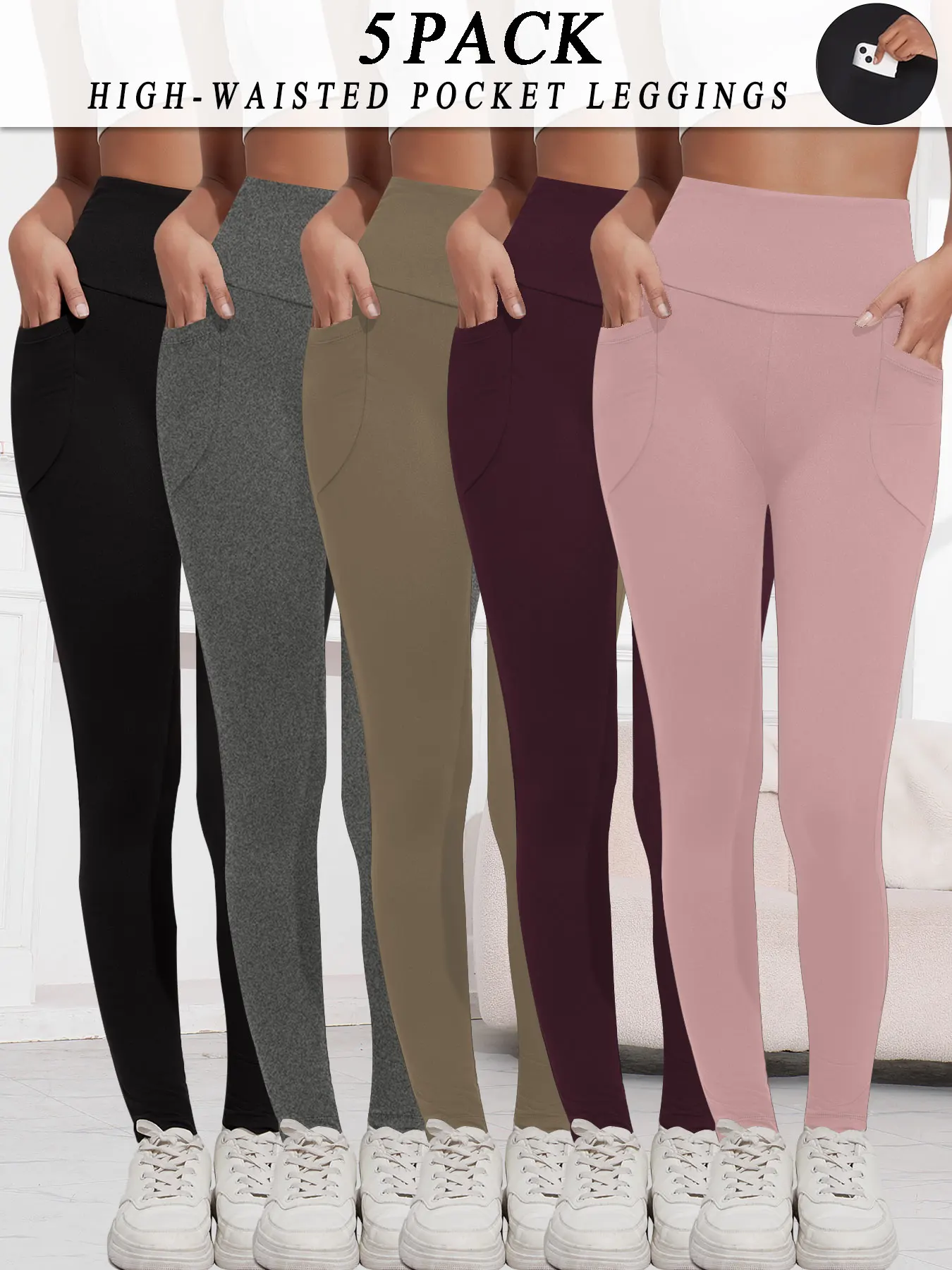 

5 Pack Super Soft Sports Leggings With Pockets For Women High Waisted Workout Yoga Running Tight Pants Push Up Gym Fitness