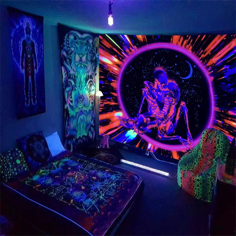 New Psychedelic Fluorescent Skull Background Decorative Tapestry Mandala Bohemian Sun Moon Luminous Hippie Tapestry Wall Hanging