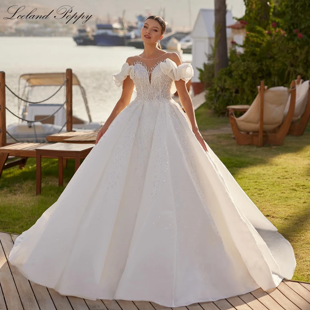 Lceland Poppy Customized Scoop Neck Ball Gown Beaded Wedding Dresses Off Shoulder V Back Sequined Bridal Gowns with Court Train