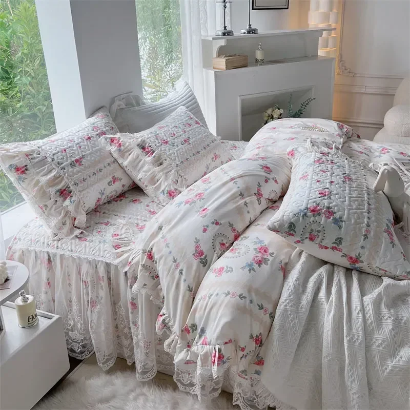 

Chic Duvet Cover Set Cotton King Size Double Bed Print Floral Princess 4pcs Bedding Set Ruffle Skirted Bedspread 2 Pillowcases