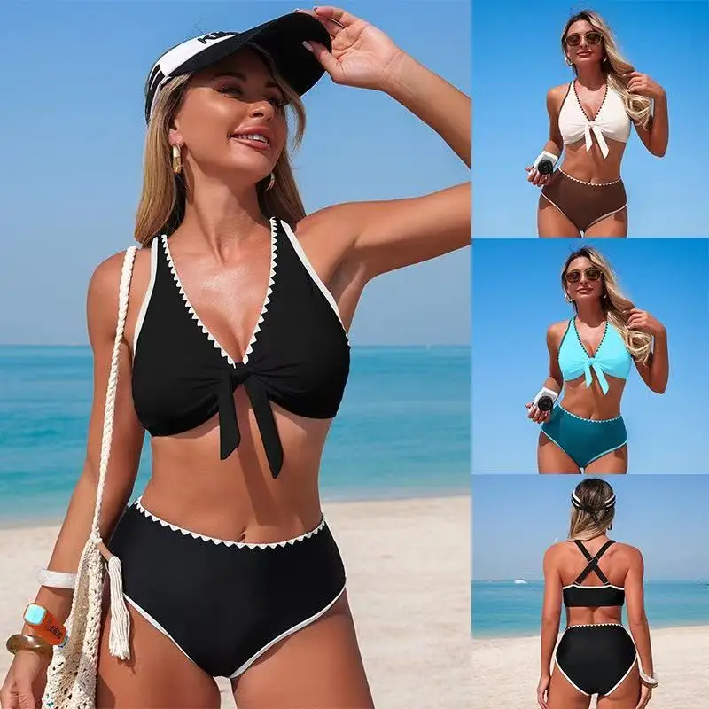 2026 New Swimwear 2 Piece Strapless Swimsuit for Women Sexy Bandeau Backless Bikini Set Lace-up Patchwork Bathing Suit