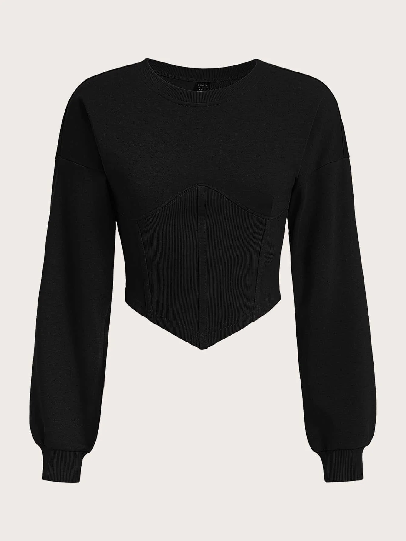 

Black Drop Shoulder Crop Sweatshirt with Corset Hem, Long Sleeve Casual Top for Fall Winter