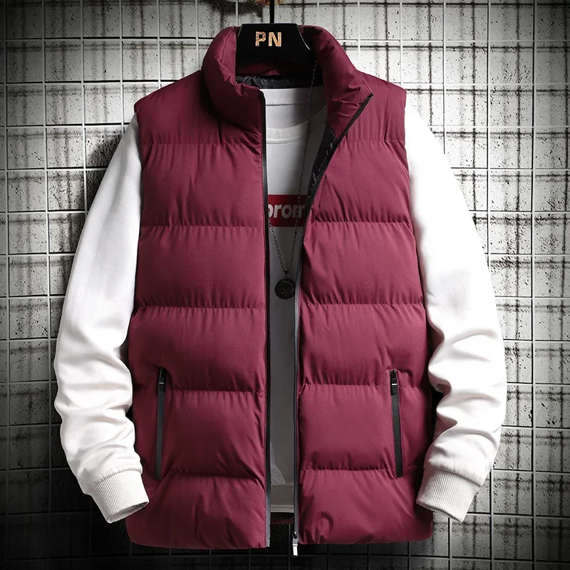 

NEW Autumn Winter Men's Loose Casual Jacket Sleeveless Zipper Down Vest Male Solid Color Warm VestsMens Stand-up Collar Coats