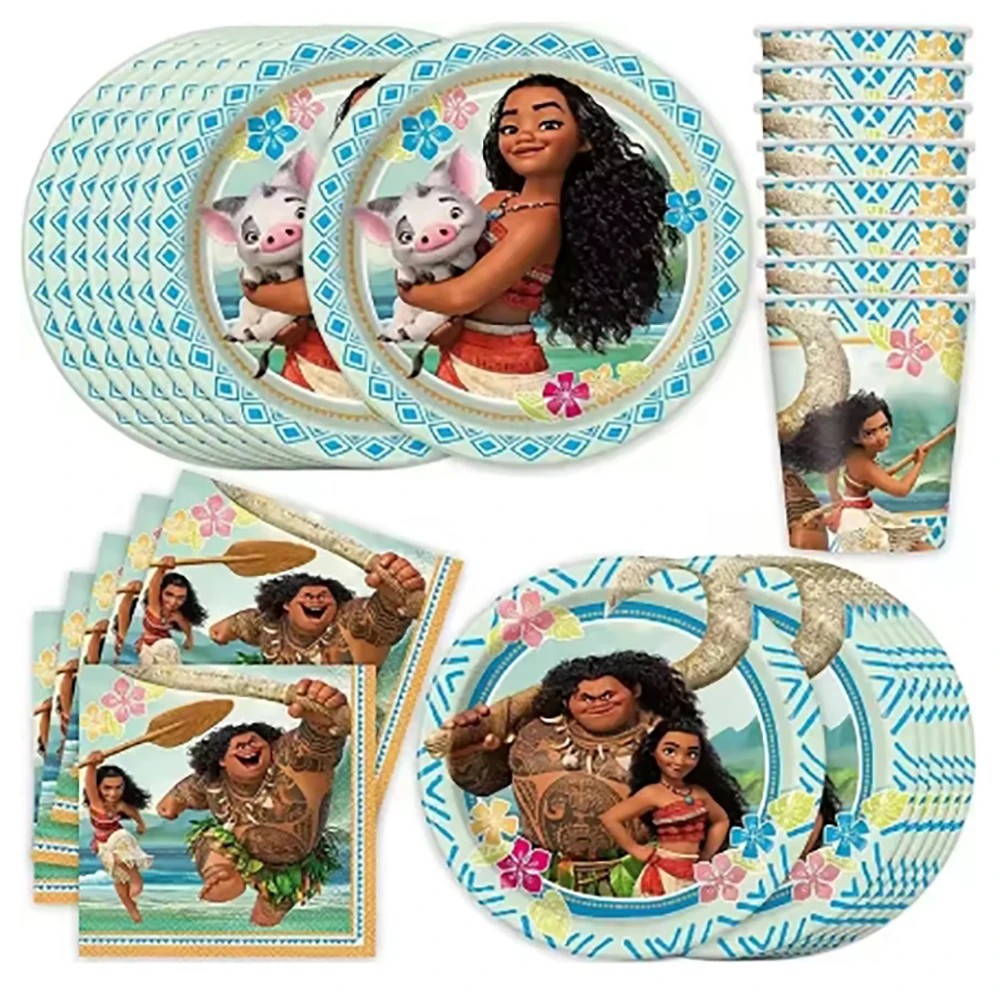 Nuevo tema Moana, vajilla desechable para fiesta de cumpleaños para niños, taza, plato, bandera, suministros de decoración para fiesta de boda para niñas