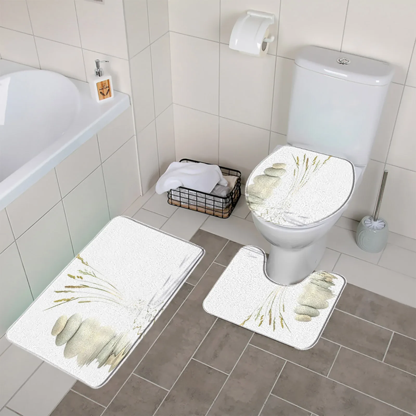 Zen Stone Bamboo 3pcs Bathroom Mat Set Flower Lotus Water Spa Antypoślizgowa flanelowa miękka wycieraczka Dywaniki podłogowe Pokrywa toalety Dywanik — zdjęcie 3
