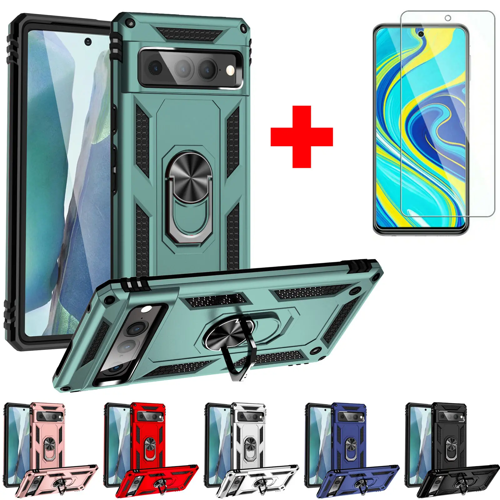 For Google Pixel 6 6a 7 7a 8 Pro 5 4a 5G Pixel 4 XL 3a Case Shockproof Ring Holder Rugged KickStand Armor Cover+Screen Protector