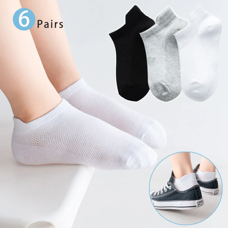 Mesh Kids Socks 6 Pairs Low Cut Socks For Students Spring Summer 1-10Y Boy Girl Solid