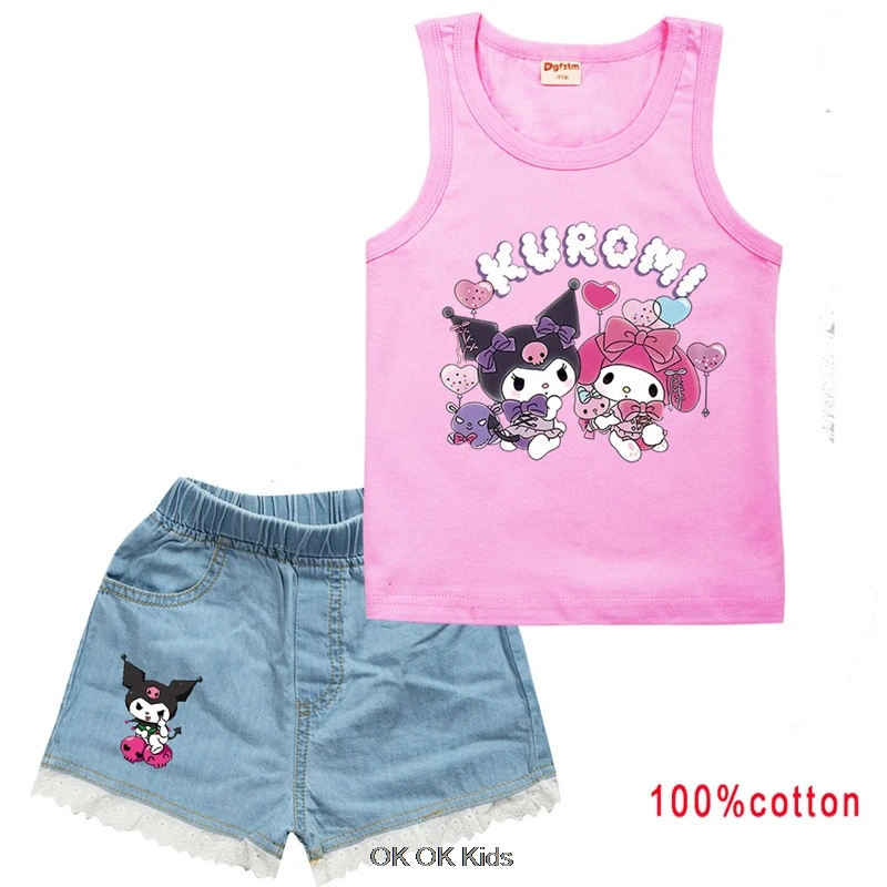 Lovely Kuromi Melody Clothes Kids Summer Casual Outfits Toddler Girls T-shirt Vest +Denim Shorts 2pcs Set Children Clothing Gift